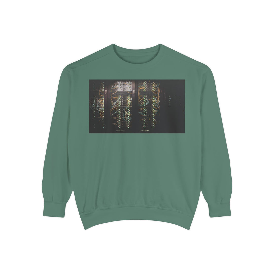 Teal Neon Rain Reflection sweatshirt with glowing server rack print