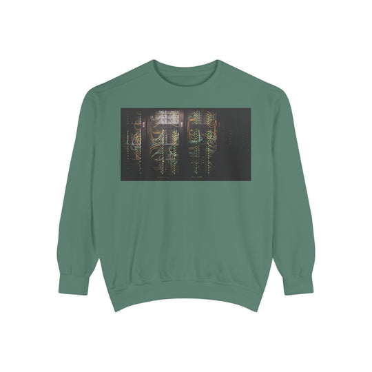 Teal Neon Rain Reflection sweatshirt with glowing server rack print