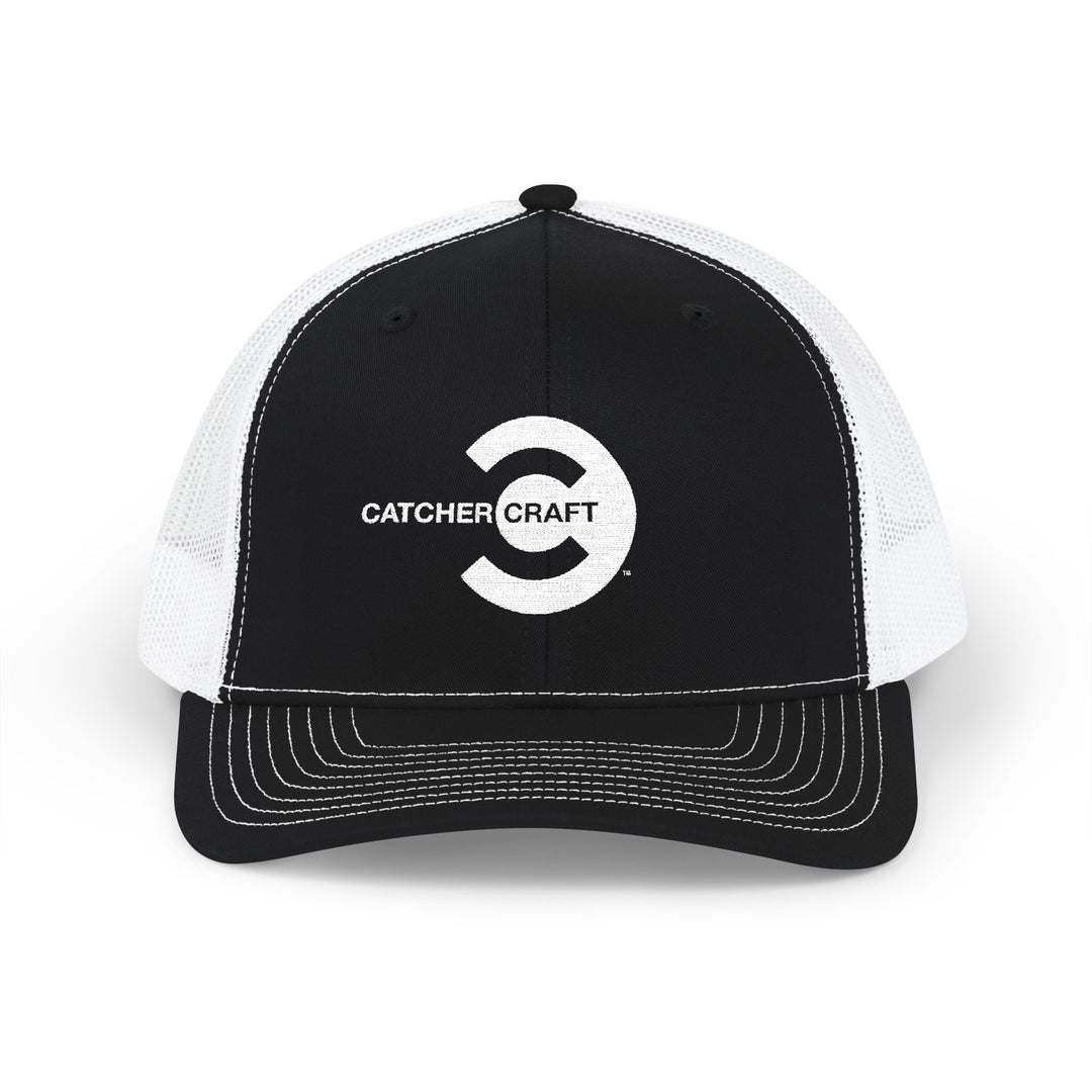 Black and white Catcher Craft trucker hat with bold embroidered logo