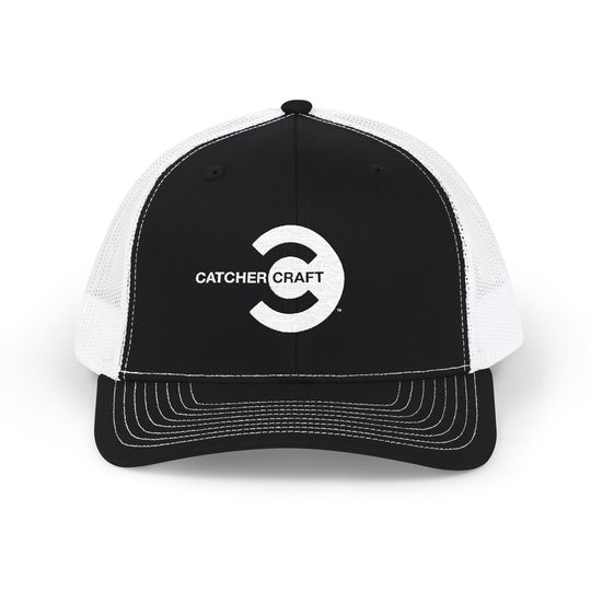 Black and white Catcher Craft trucker hat with bold embroidered logo
