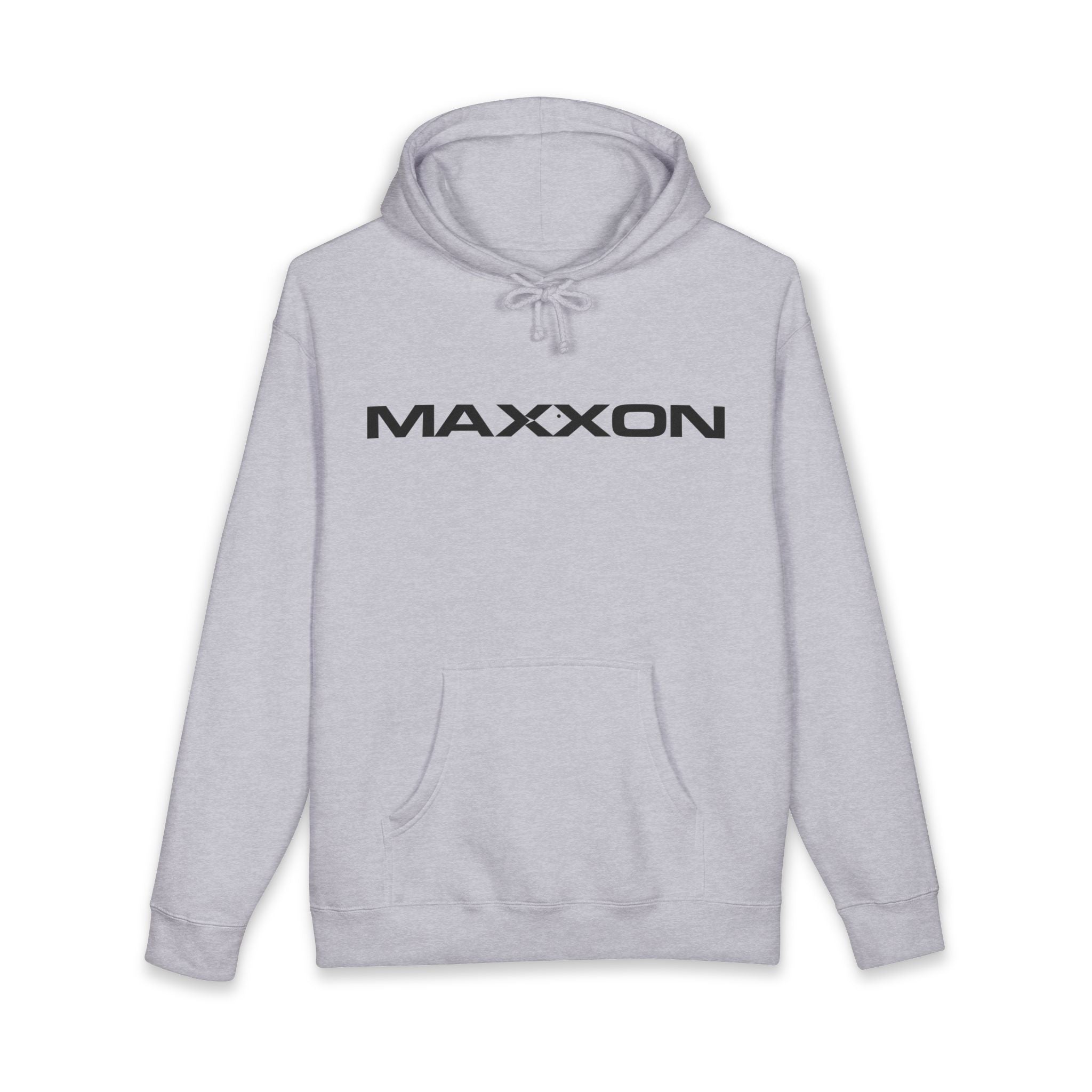 Light gray Maxxon Logo Hoodie with black chest logo and drawstrings