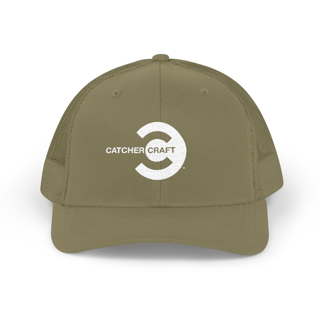 Olive green Catcher Craft trucker hat with white embroidered logo
