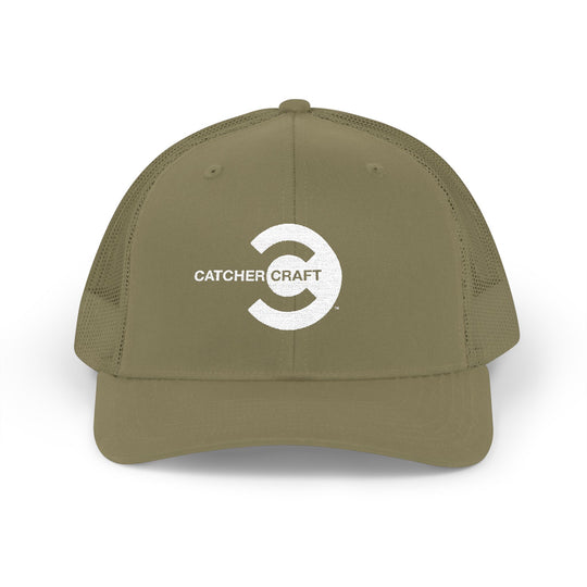 Olive green Catcher Craft trucker hat with white embroidered logo