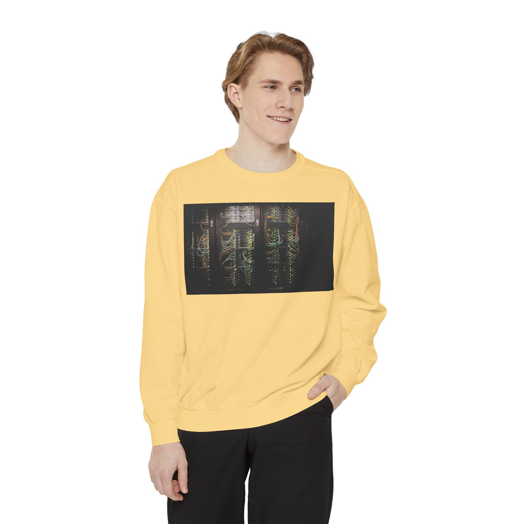 Yellow long-sleeved Neon Rain Reflection sweatshirt with golden city night graphic