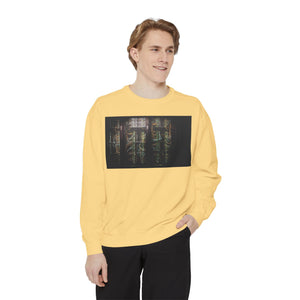 Yellow long-sleeved Neon Rain Reflection sweatshirt with golden city night graphic