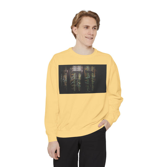 Yellow long-sleeved Neon Rain Reflection sweatshirt with golden city night graphic