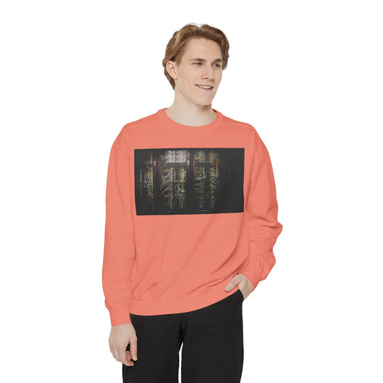 Coral Neon Rain Reflection sweatshirt with golden circuit graphic