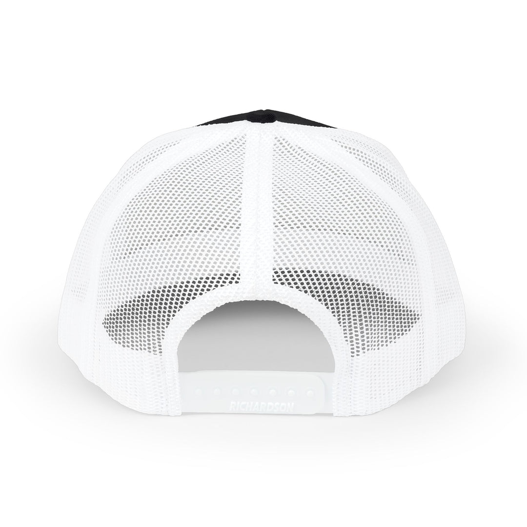 White mesh Catcher Craft trucker hat with black top panel