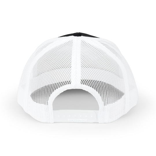 White mesh Catcher Craft trucker hat with black top panel