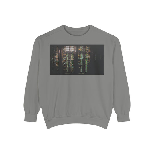Gray Neon Rain Reflection sweatshirt with glowing server rack graphic