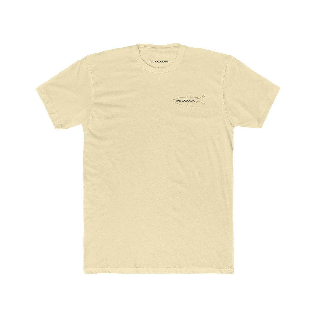 Fish Tee - Tarpon: pale yellow short-sleeve t-shirt with black shark outline and maxxon brand