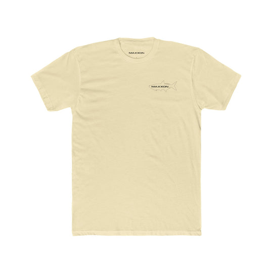 Fish Tee - Tarpon: pale yellow short-sleeve t-shirt with black shark outline and maxxon brand