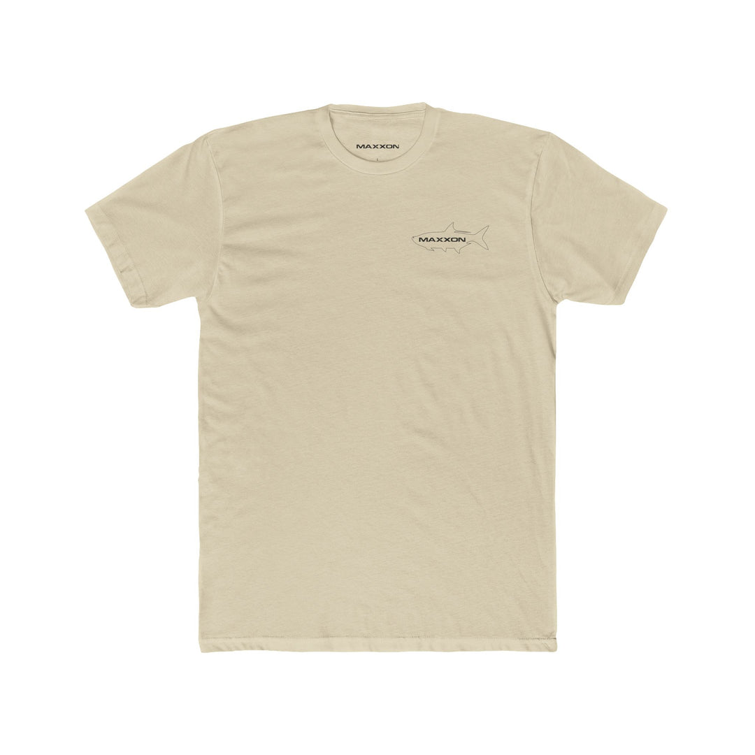 Fish Tee - Tarpon: beige short-sleeve t-shirt with black shark graphic and maxxon embroidery
