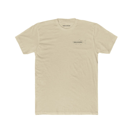 Fish Tee - Tarpon: beige short-sleeve t-shirt with black shark graphic and maxxon embroidery