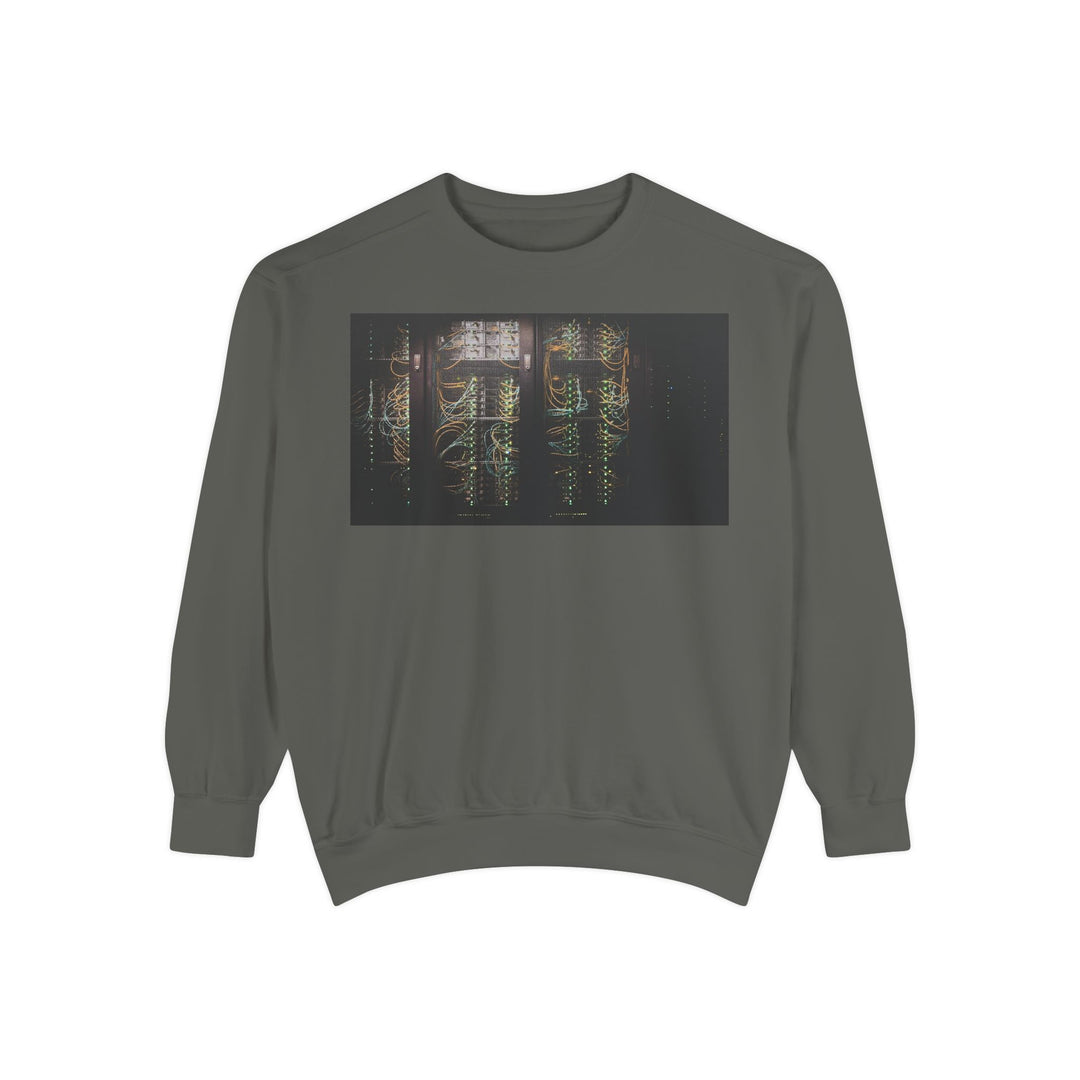 Dark gray Neon Rain Reflection sweatshirt with glowing circuitry print