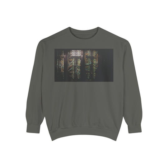 Dark gray Neon Rain Reflection sweatshirt with glowing circuitry print