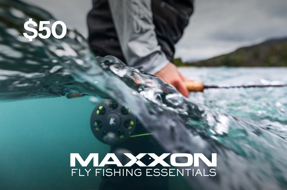 Maxxon Gift Card showing black fly fishing reel with green accents