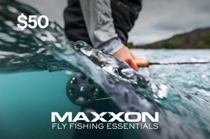 Maxxon Gift Card showing black fly fishing reel with green accents