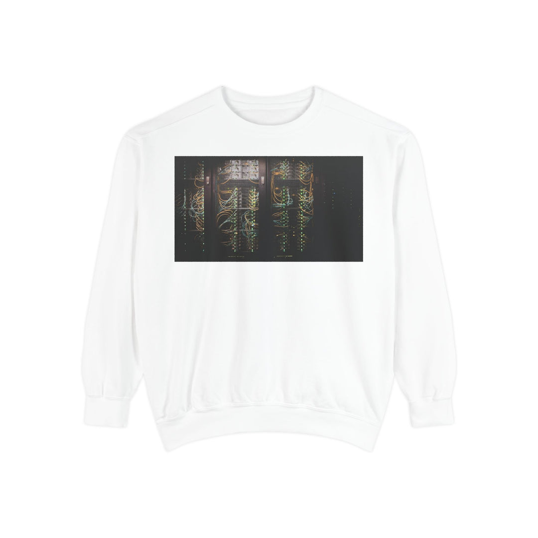 White Neon Rain Reflection sweatshirt with glowing server rack print