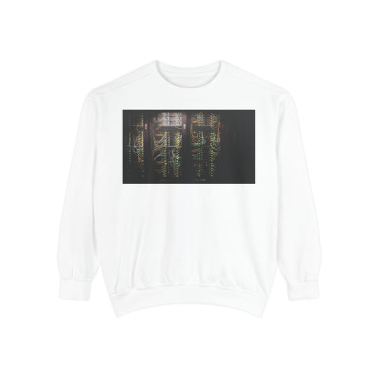 White Neon Rain Reflection sweatshirt with glowing server rack print