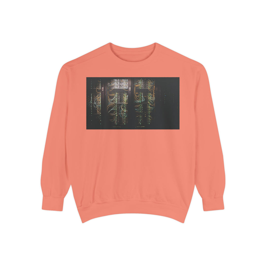 Coral Neon Rain Reflection sweatshirt with glowing server rack print