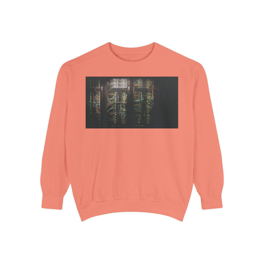 Coral Neon Rain Reflection sweatshirt with glowing server rack print