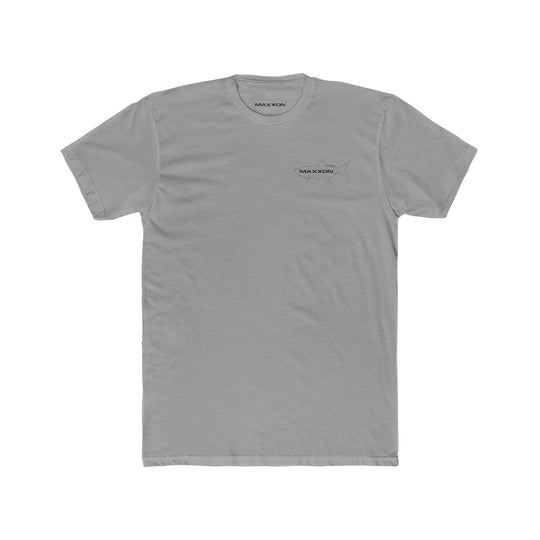Gray short-sleeve Fish Tee - Tarpon with black shark graphic and maxxon branding