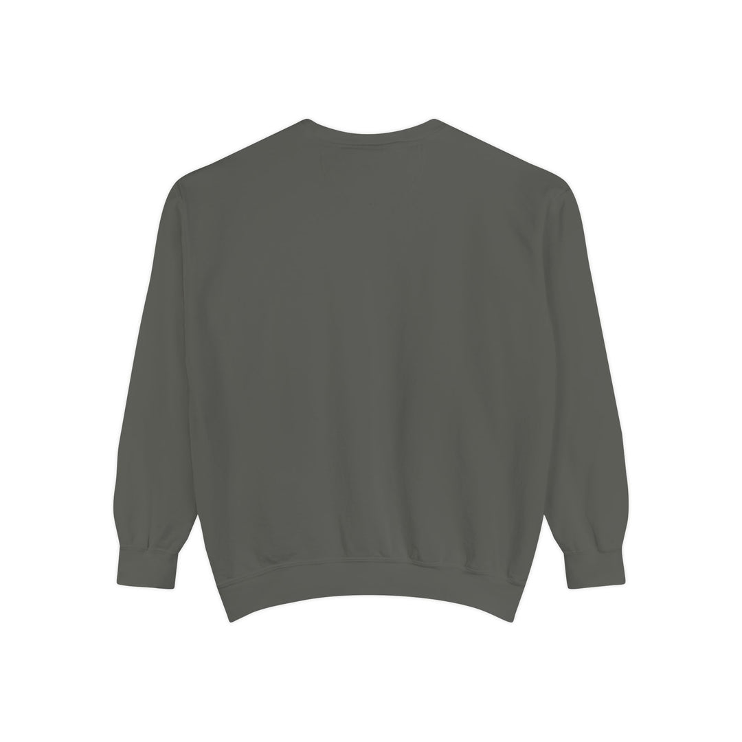Dark gray Neon Rain Reflection sweatshirt with city night aesthetic, ribbed cuffs