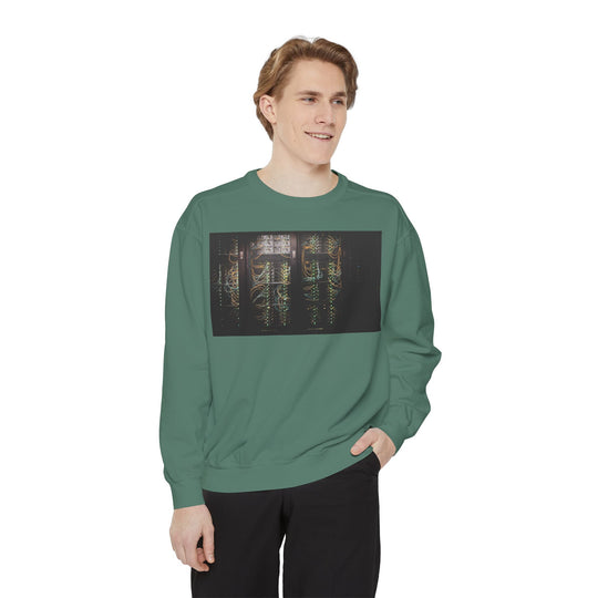 Neon Rain Reflection Sweatshirt with glowing circuitry print