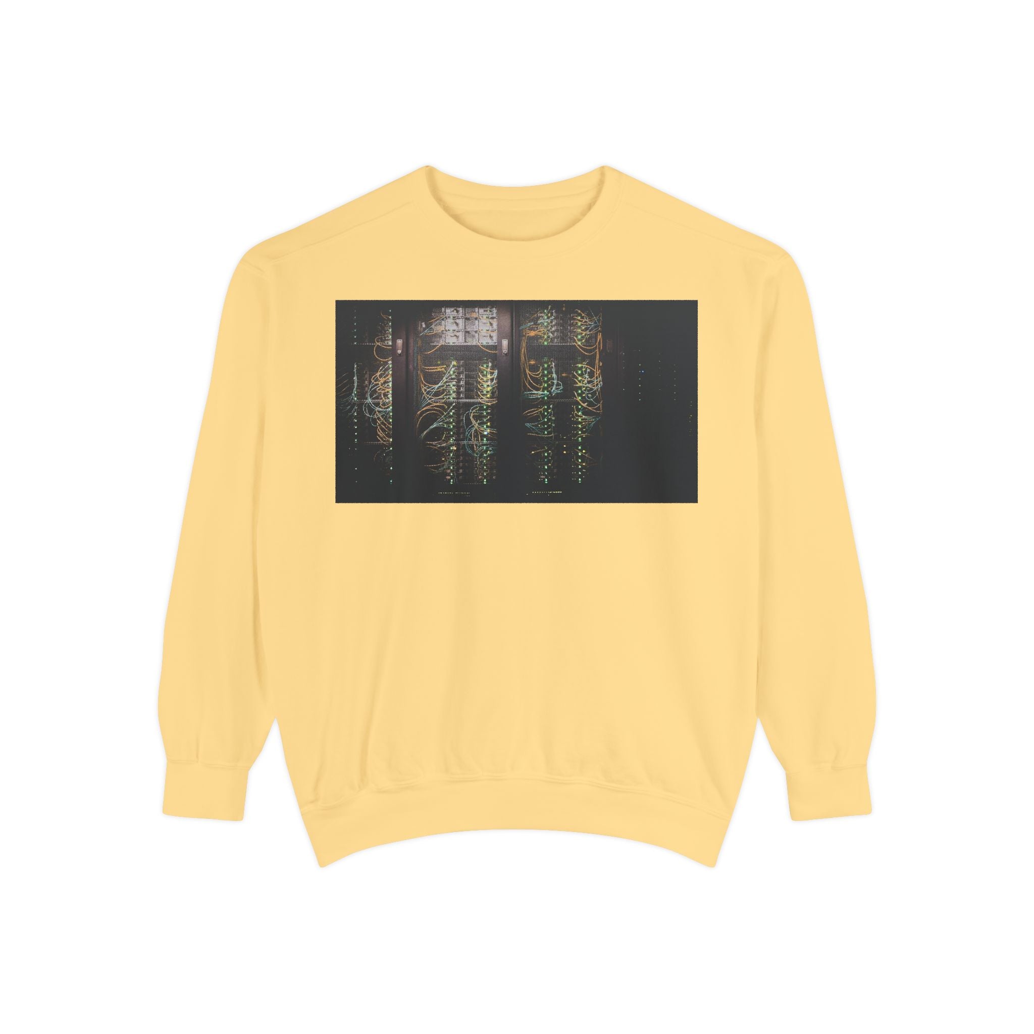 Neon Rain Reflection sweatshirt with illuminated server racks print
