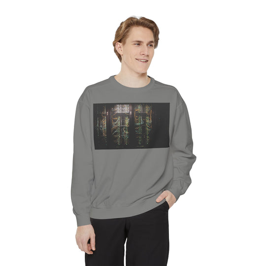 Neon Rain Reflection Sweatshirt with glowing server racks print