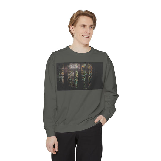 Neon Rain Reflection sweatshirt with glowing server racks print