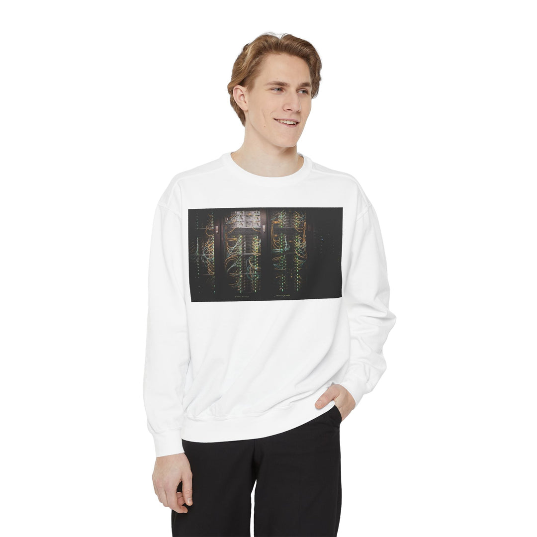 White Neon Rain Reflection sweatshirt with golden circuit graphic