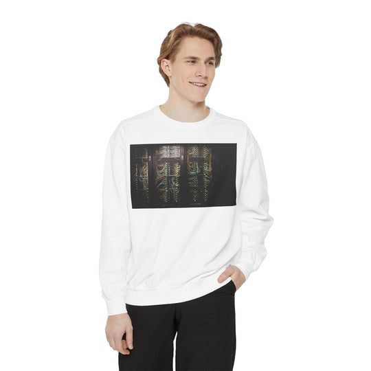 White Neon Rain Reflection sweatshirt with golden circuit graphic