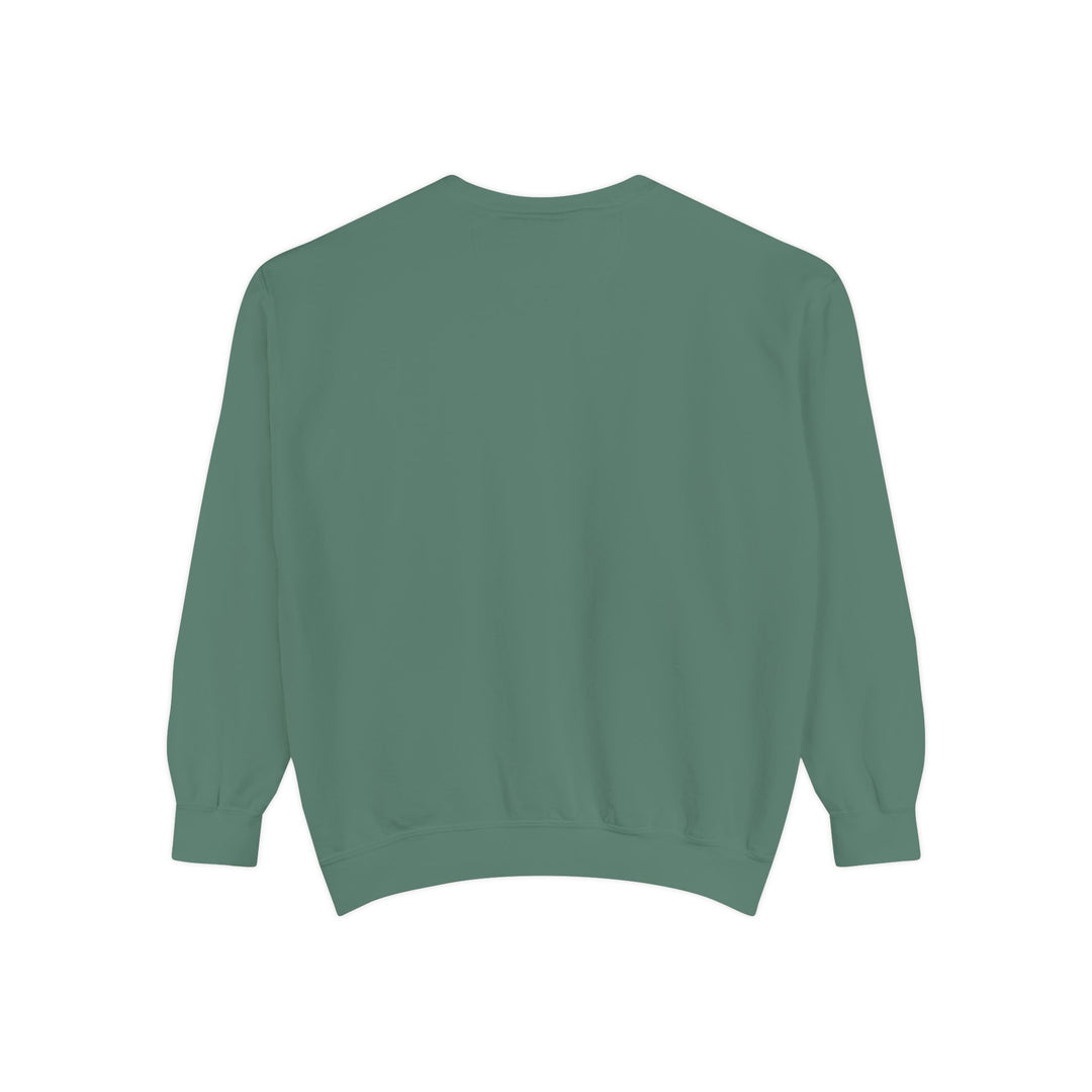 Neon Rain Reflection sage green crewneck sweatshirt, city night pullover