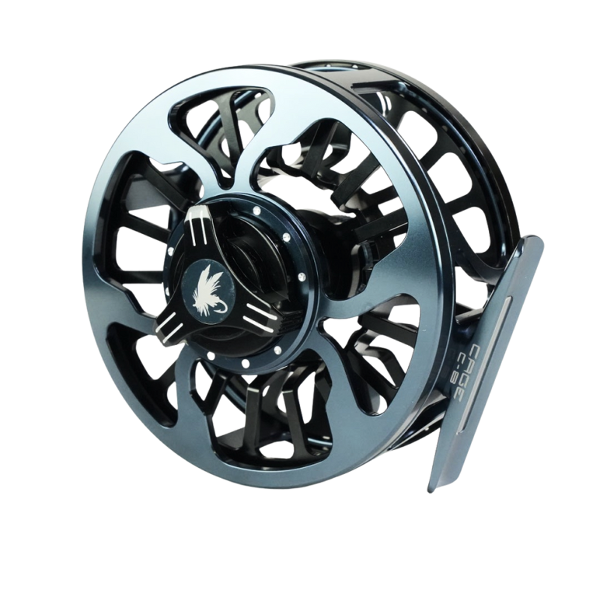 Sleek black and silver CAGE fly reel with intricate cutouts and logo