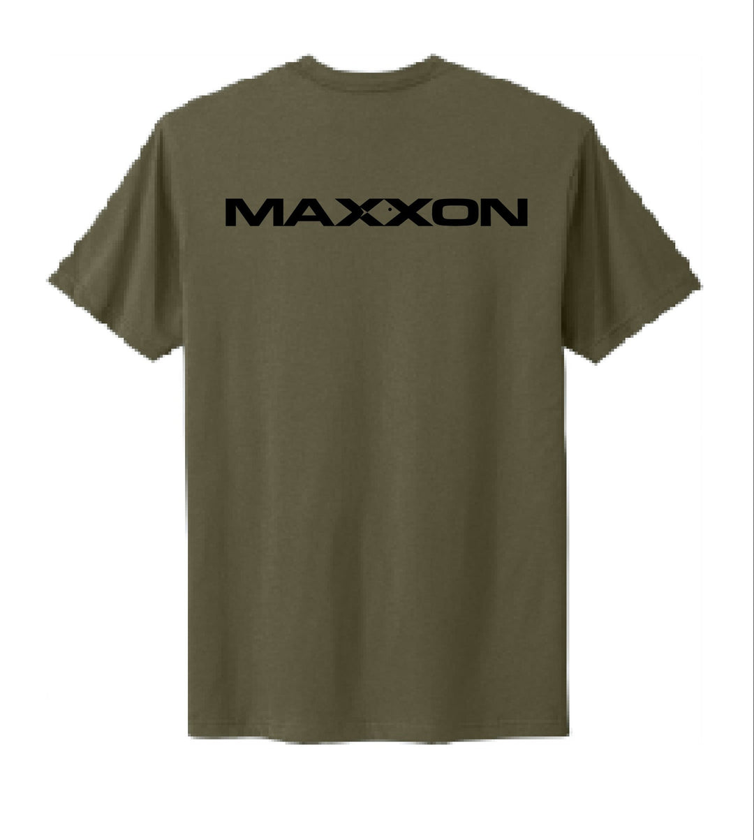Back view of MAXXON XX Tee: olive green short-sleeve t-shirt with black maxxon logo