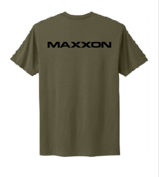 Back view of MAXXON XX Tee: olive green short-sleeve t-shirt with black maxxon logo