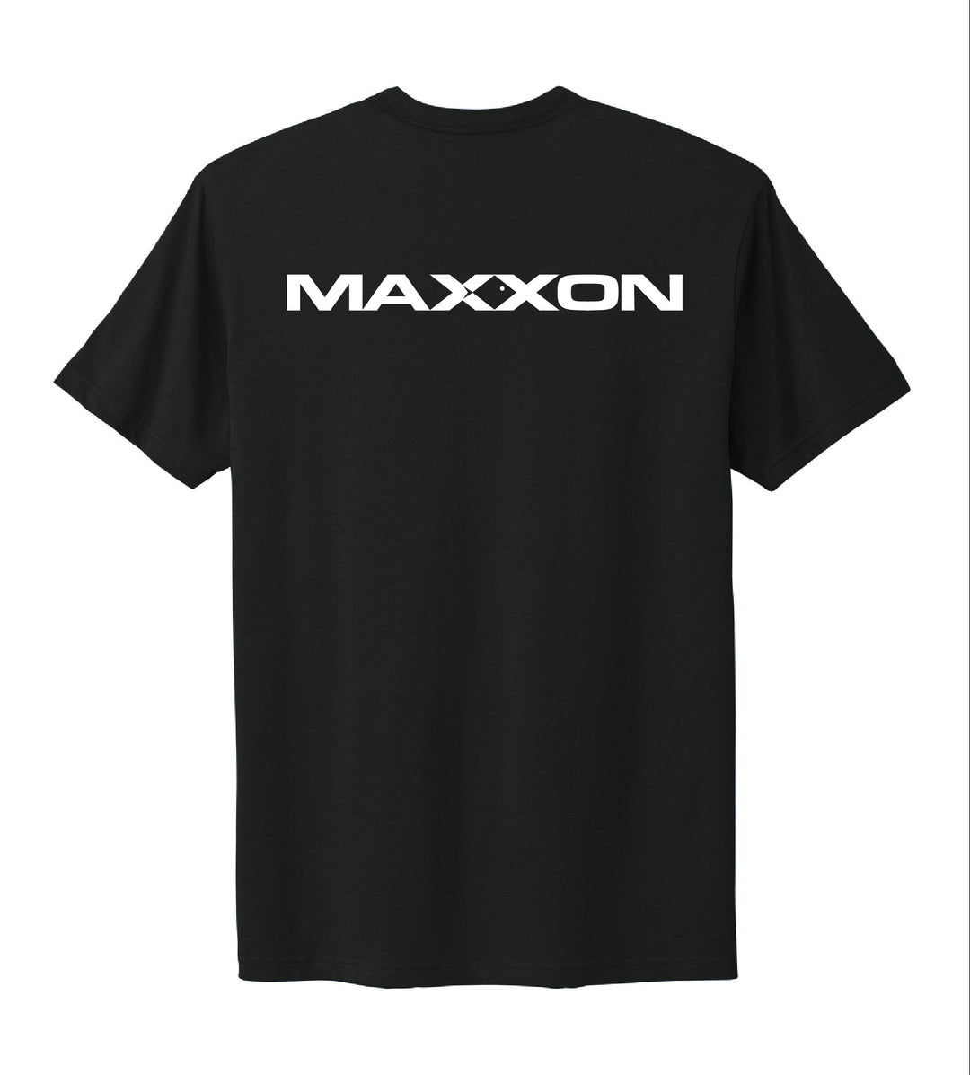 Back of black MAXXON XX Tee with bold white maxxon logo