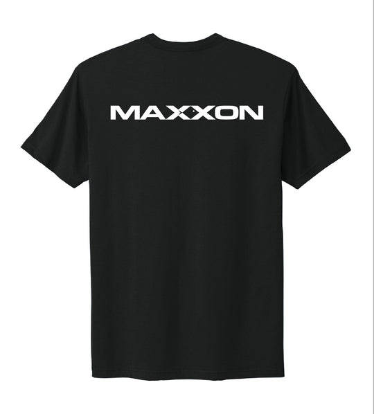 Back of black MAXXON XX Tee with bold white maxxon logo