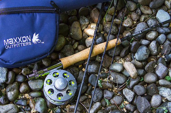 Blue Maxxon Stone Fly fly rod reel combo with cork handle silver reel