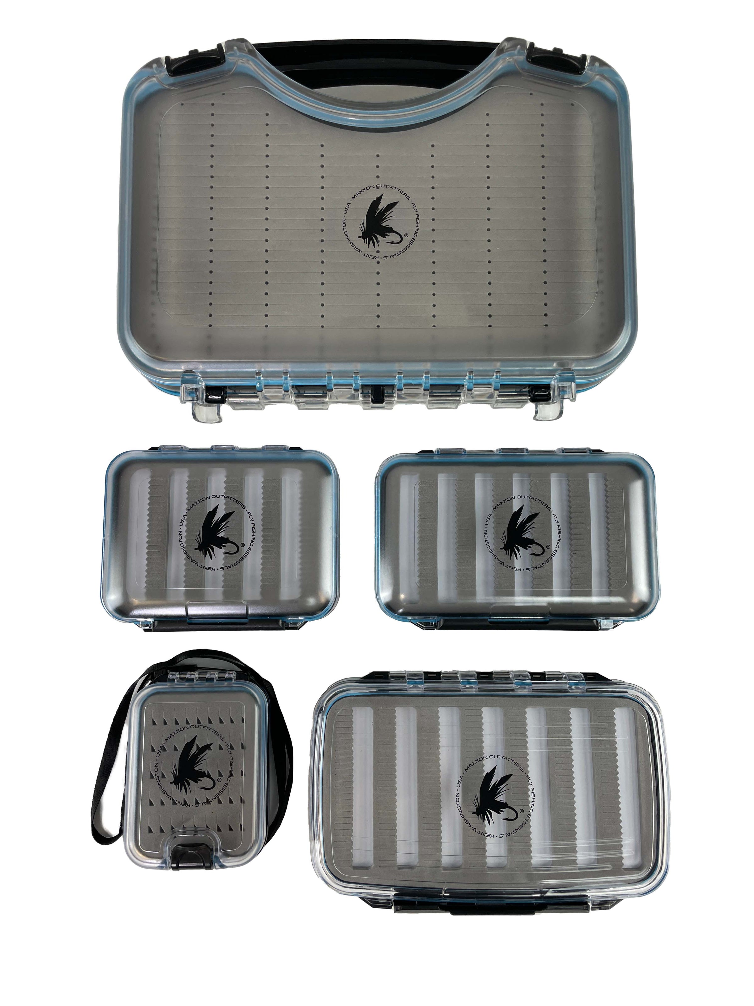 BUG BOX Show: 5 transparent fly boxes with black handles, silver ridged interior, insect logo